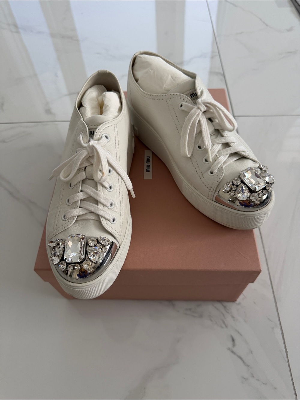 Miu Miu White Leather Sneakers with Crystal Toe Caps